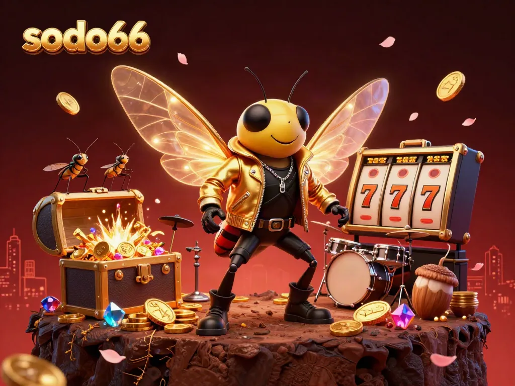 Experience the excitement of sodo66 featuring a vibrant scene with casino elements like slot reels and gold coins.