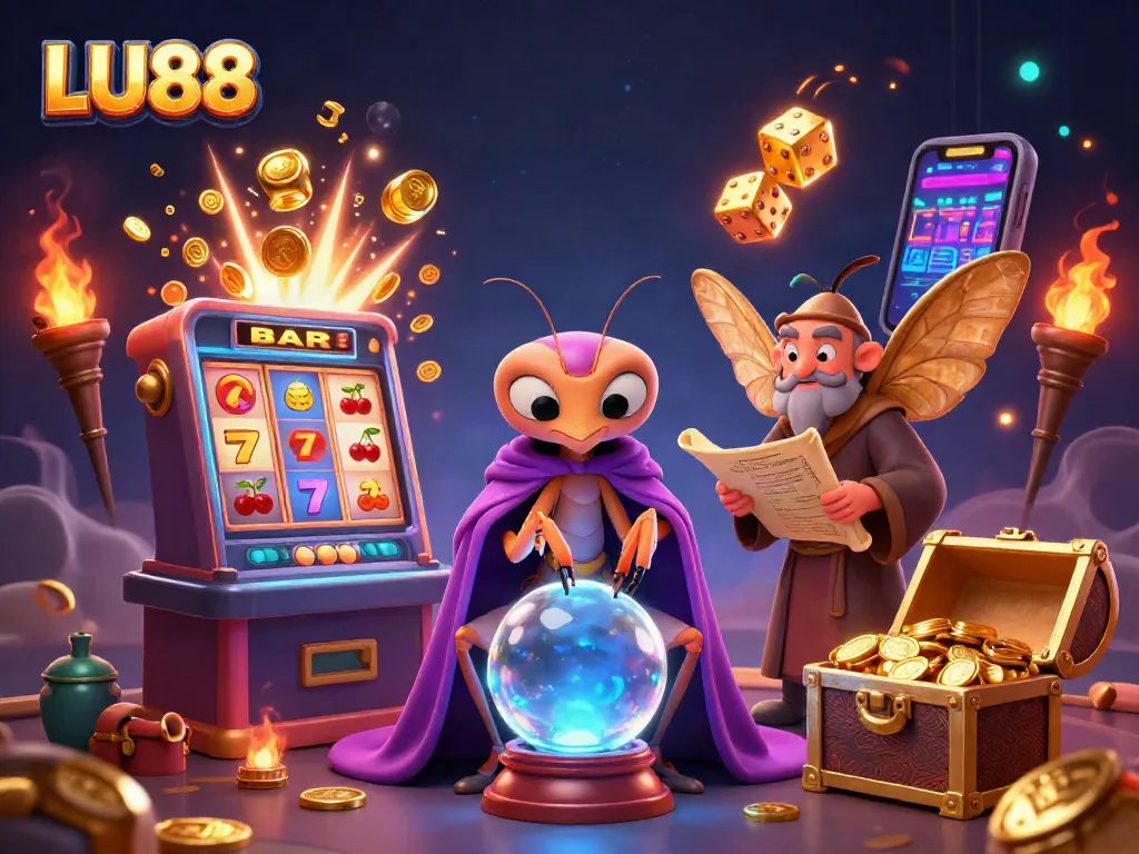 LU88 reveals winning strategies with a mystical casino illustration featuring lively game elements.