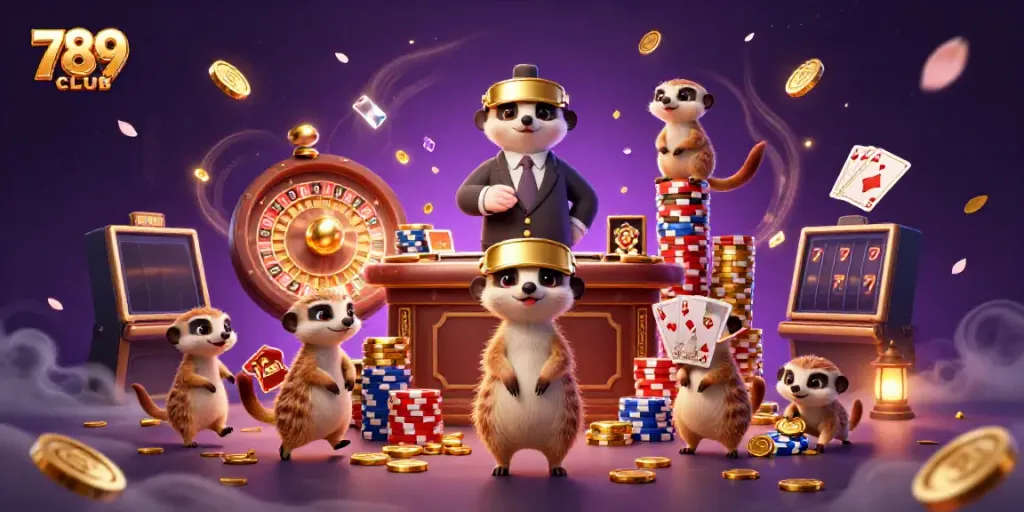 Experience thrilling gaming at 789CLUB with meerkat dealers and vibrant casino elements.