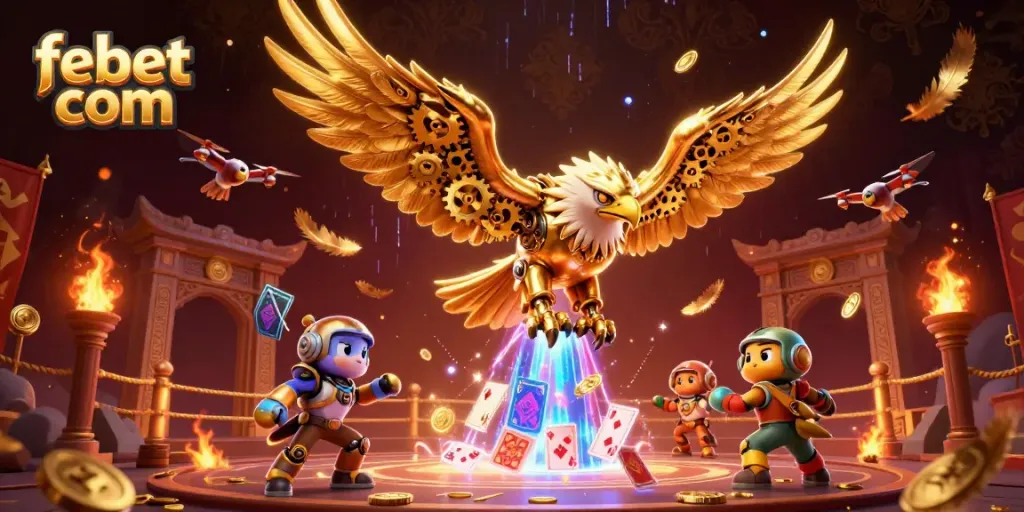 Win at febet com with a vibrant illustration of a golden eagle amid holographic cards and casino elements.