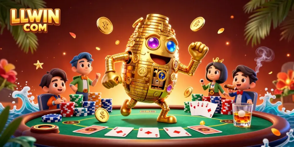 Experience thrilling wins at LLWIN COM with vibrant casino elements and a golden golem character.