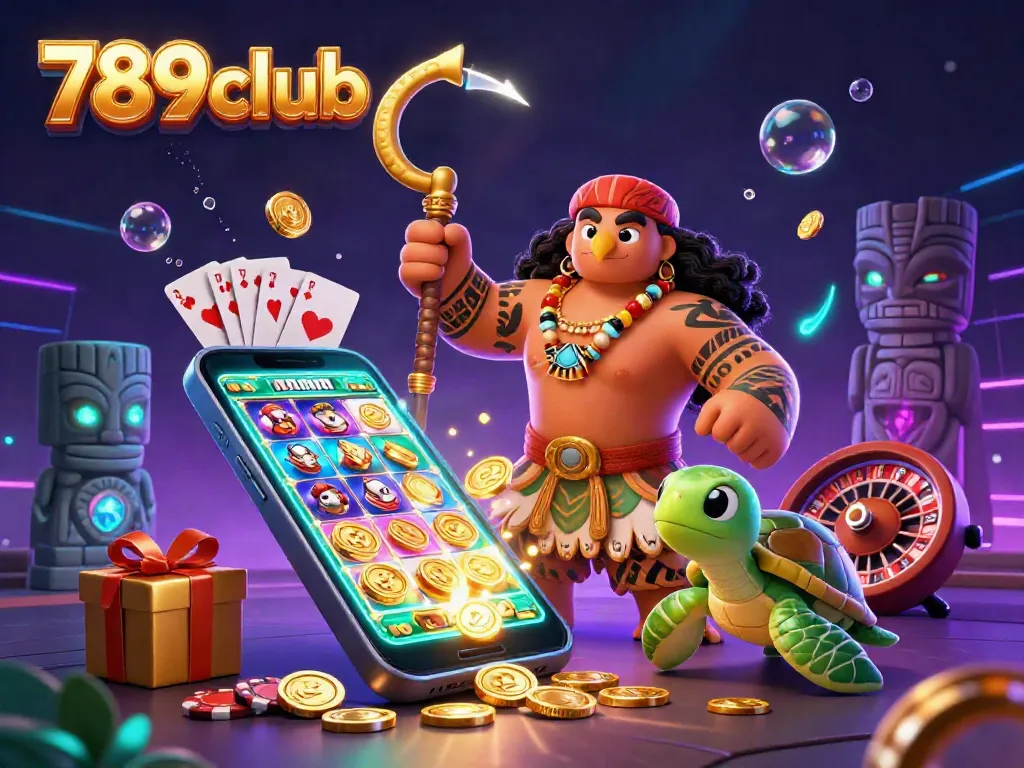 Engage with 789club's vibrant 3D casino scene featuring colorful slots, gaming elements, and tribal characters.