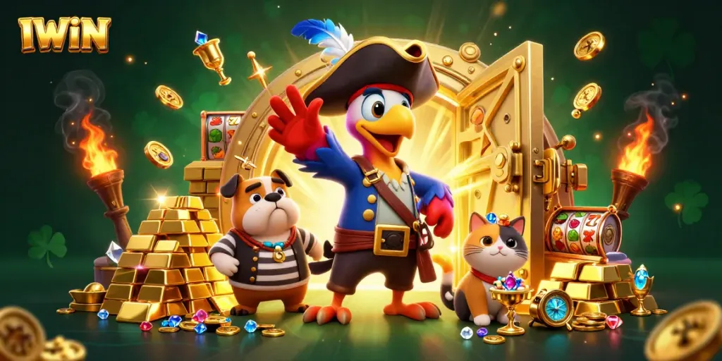 Join in the excitement of IWIN with vibrant slots and treasure in a dynamic casino scene.