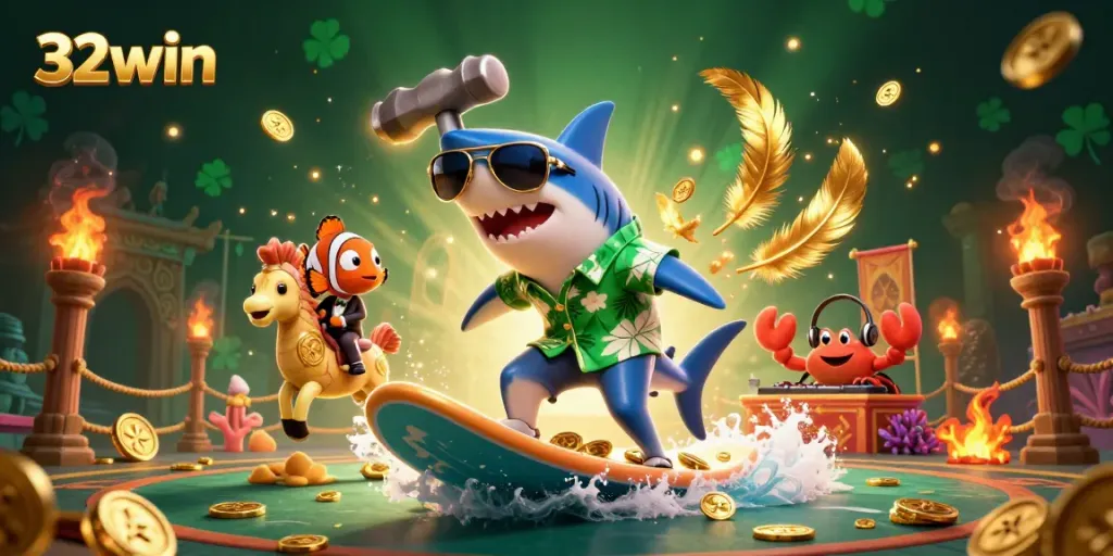 32win showcases fun and thrilling casino elements with a shark surfing gold coins while others join in excitement.