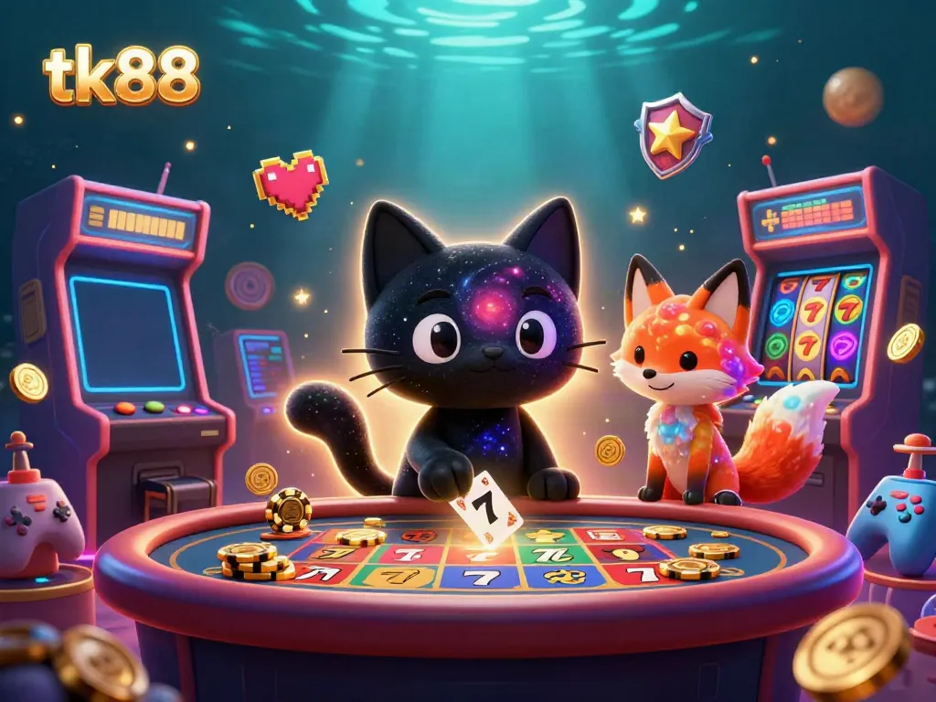 Engage with tk88 at a cosmic casino, where a black hole cat attracts chips while slot symbols orbit.