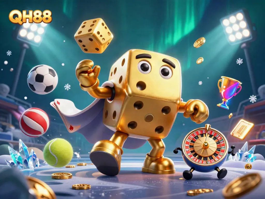 Experience QH88's vibrant casino adventure with animated golden dice and dynamic sports elements.