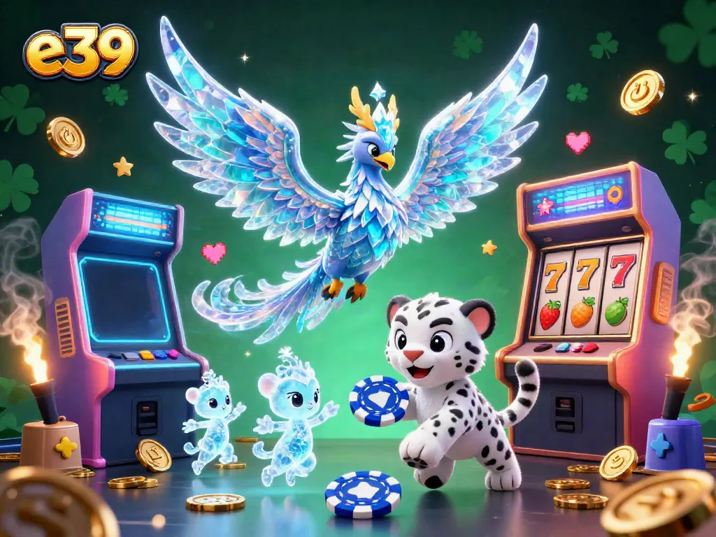 Engage with e39's thrilling gaming world, featuring vibrant scenes with an ice phoenix and a playful snow leopard amidst colorful game elements.