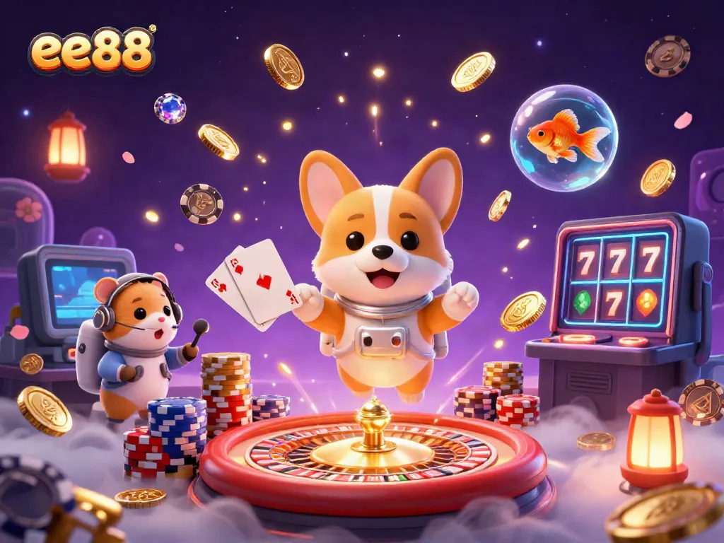 Watch the animated scene of ee88 with a playful corgi, hamster, and goldfish in a vibrant casino.