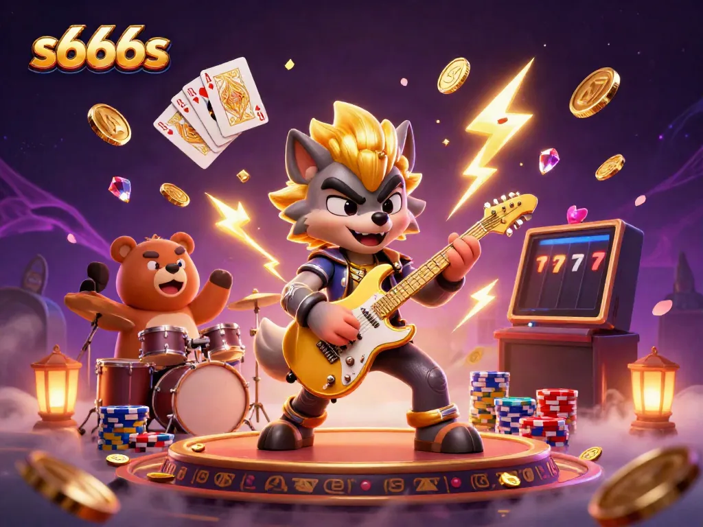 Experience the excitement of s666s with a dynamic 3D casino scene featuring a rock star wolf and a drummer bear.