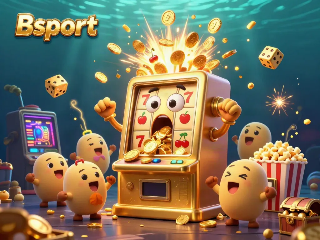 Bsport slot machine celebrates a jackpot win, surrounded by cheering mini slots and golden coins
