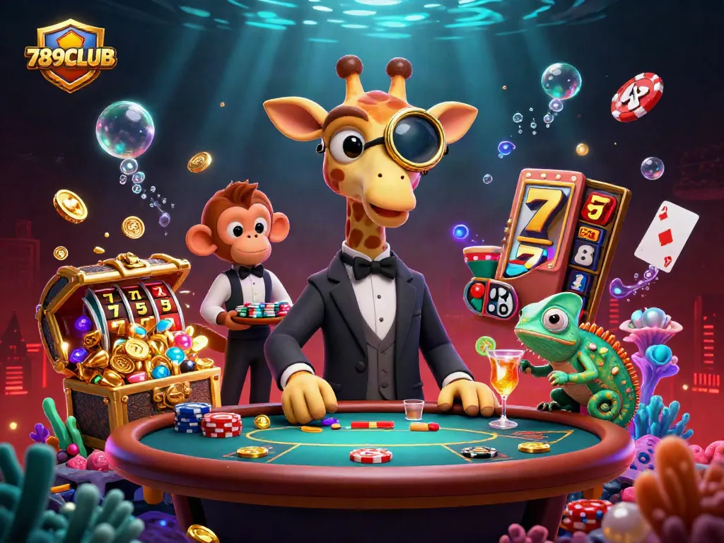 Experience thrilling gaming at 789CLUB with a high-roller giraffe at a VIP table amidst spectacular slot symbols.