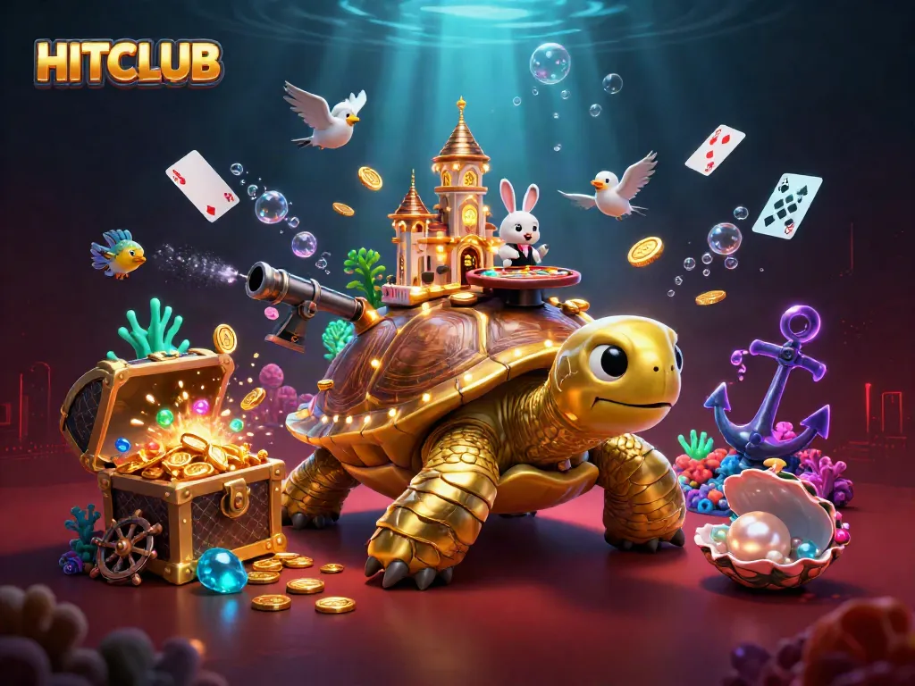 Experience the excitement of HITCLUB with a vivid 3D casino scene featuring games and golden rewards.