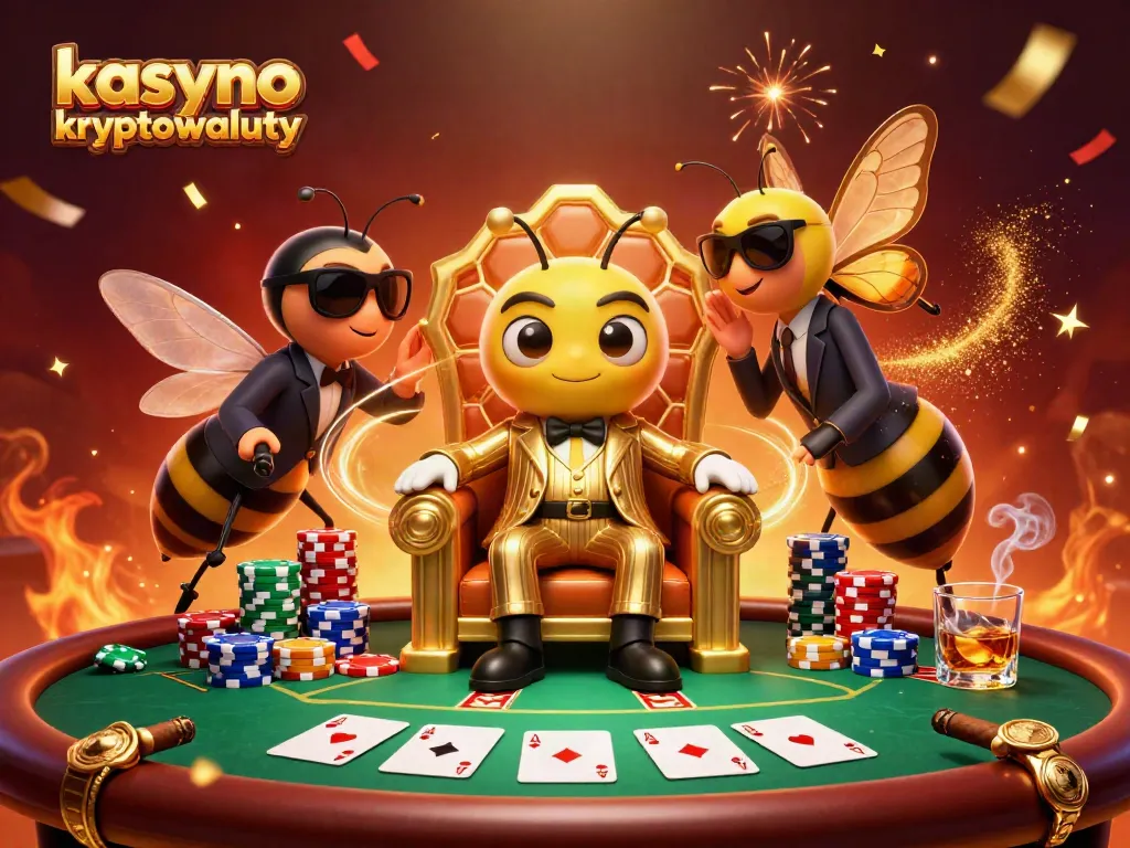 Experience an exciting kasyno kryptowaluty scene with bumblebee mob boss and wasp bodyguards amidst poker action.