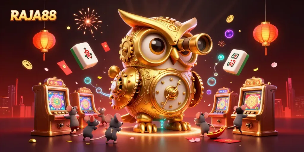 Experience the thrill of RAJA88 with a golden owl overseeing energetic casino action.