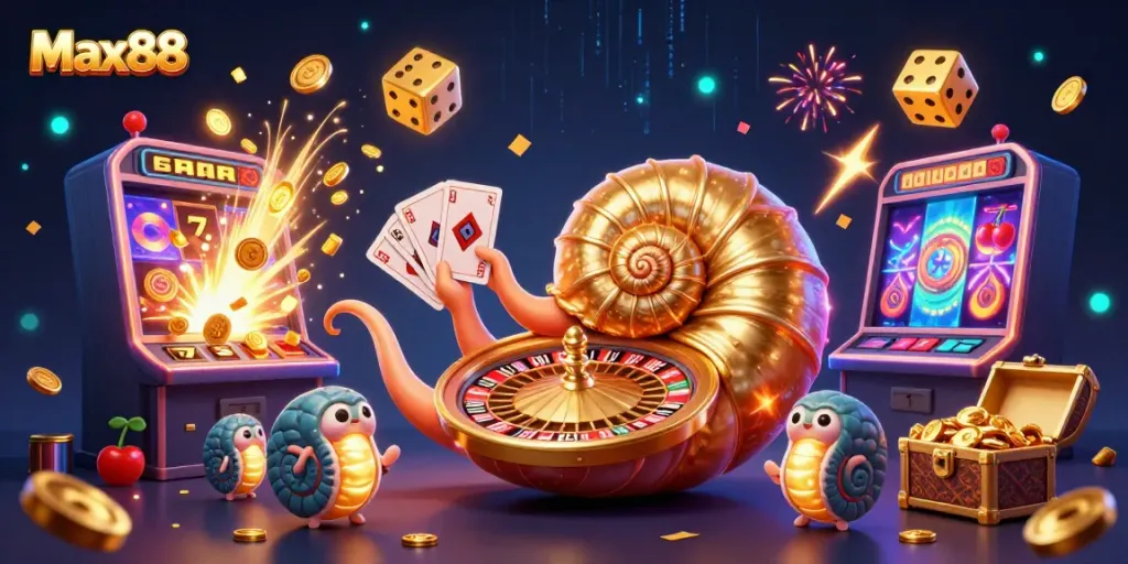 Experience thrilling gameplay at Max88 with vibrant 3D casino elements including a nautilus roulette wheel and jackpot excitement.