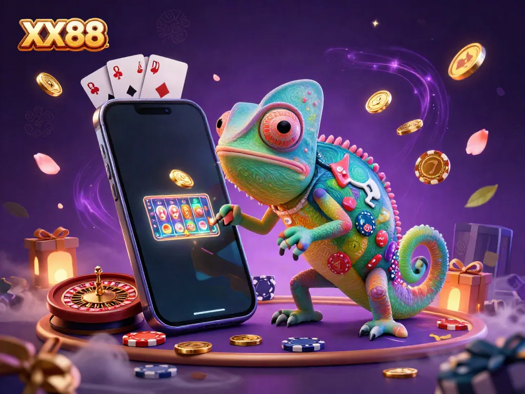 Experience the thrill at XX 88 casino with a vibrant chameleon owner and gaming elements.