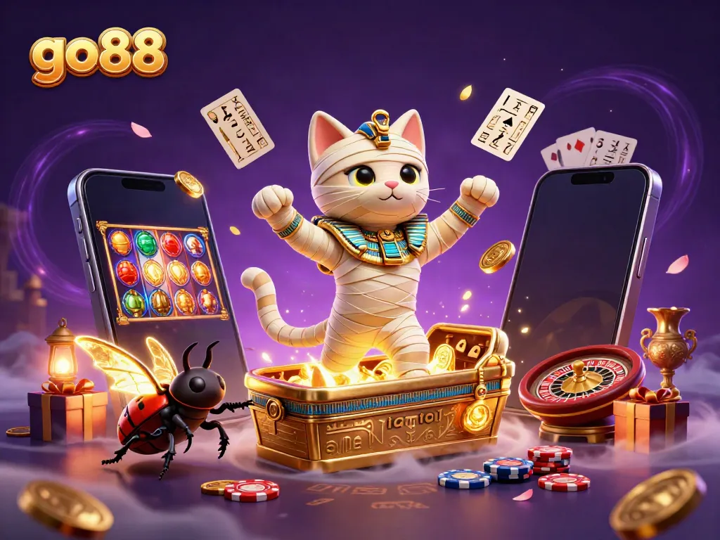 Play thrilling games at GO88 with the mummy cat emerging from a dynamic pyramid casino scene.