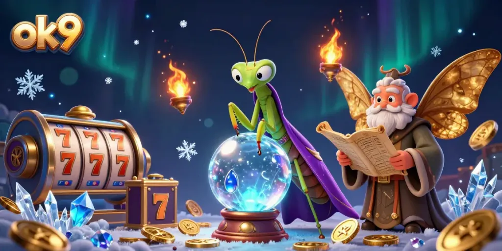 Engage with ok9 casino strategies through a vibrant 3D illustration showcasing slot reels, lucky symbols, and mystical characters.