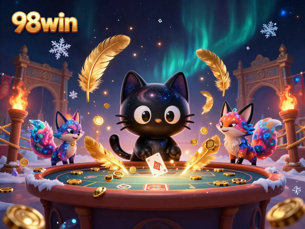 Engage in cosmic gambling adventure with 98win, where a black hole cat pulls in golden chips and cards amidst colorful nebula effects.