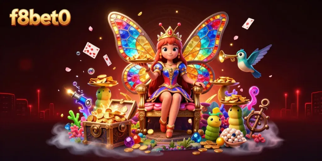 Experience thrilling gaming at f8bet0 with a vibrant 3D casino scene showcasing dynamic characters and game elements.