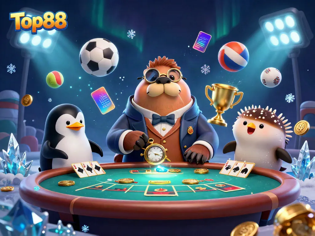 Engage in exciting poker action with Top88, featuring a jolly walrus and a sophisticated penguin dealer.