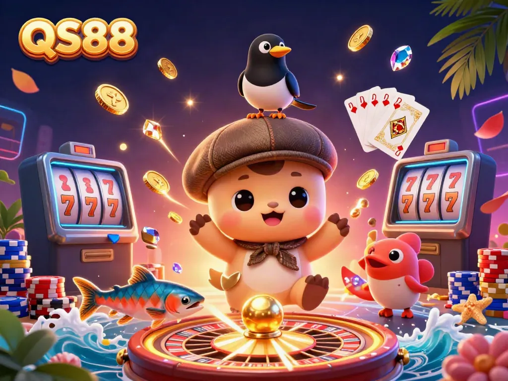 Join QS88 for a vibrant casino adventure featuring Nessie and friends amidst golden treasures.
