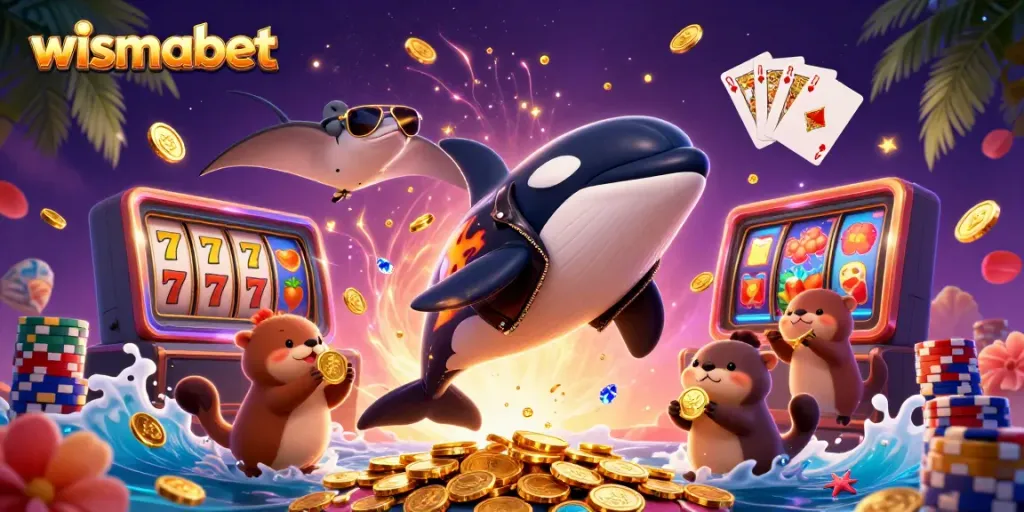 Wismabet menampilkan permainan slot interaktif dengan orca, ikan pari, dan berang-berang beruang emas.