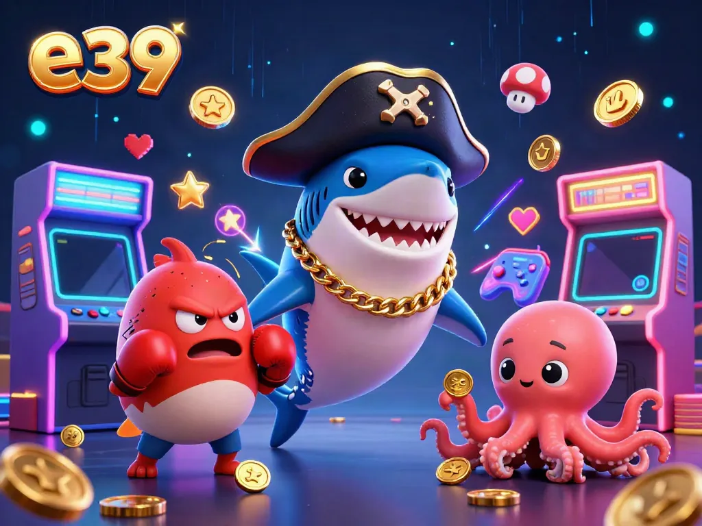 Experience the excitement of e39 with vibrant characters and casino games in a dynamic illustration.