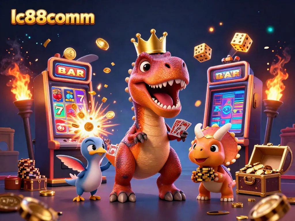 Engage with jackpot excitement at lc88comm featuring a lively dinosaur casino scene, showcasing vibrant gaming elements and charming characters.