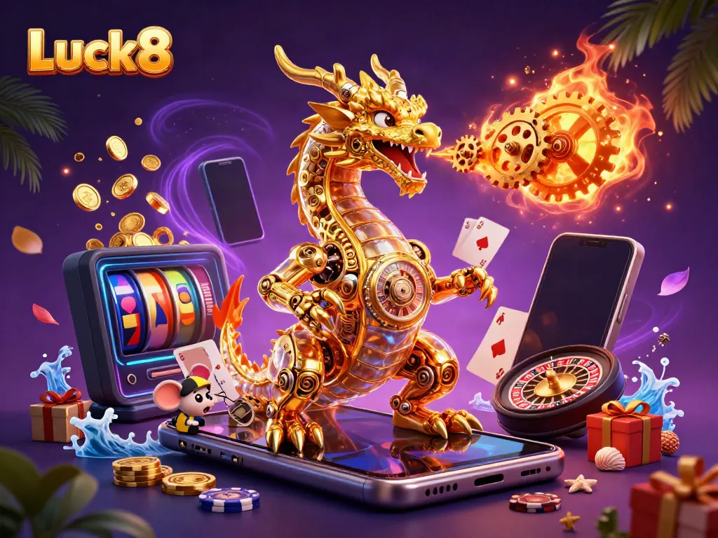 Luck8 offers an engaging 3D illustration showcasing vibrant casino elements, including golden coins and a dragon.
