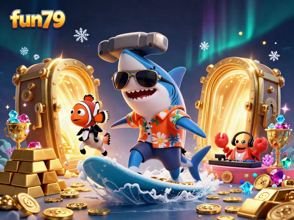 Experience excitement at fun79 with a vibrant underwater scene of a shark surfing on golden coins surrounded by treasures.