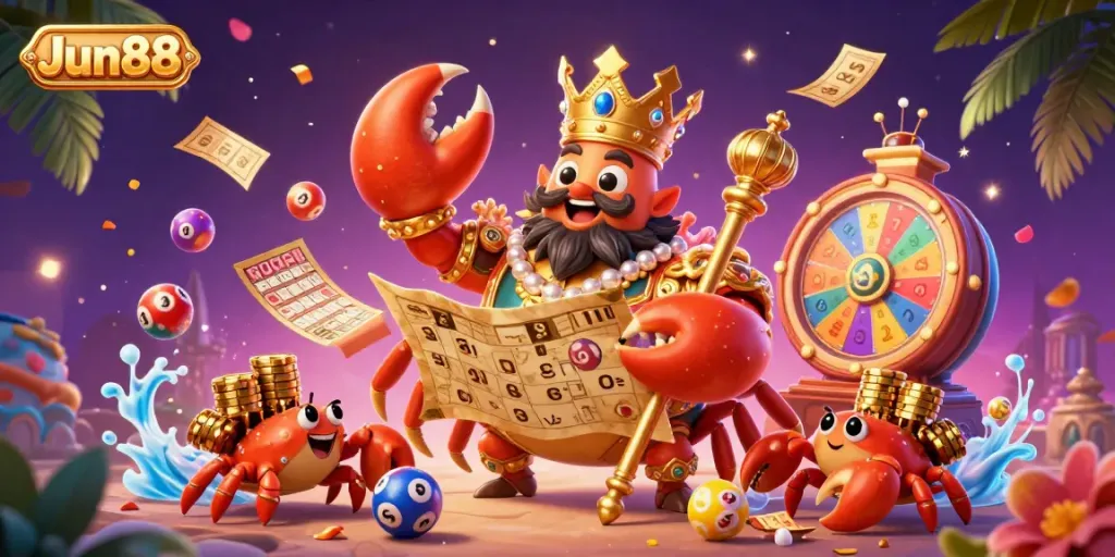 Engage in the vibrant world of Jun88 with a rich casino-themed illustration featuring a golden crab emperor and dynamic gaming elements.