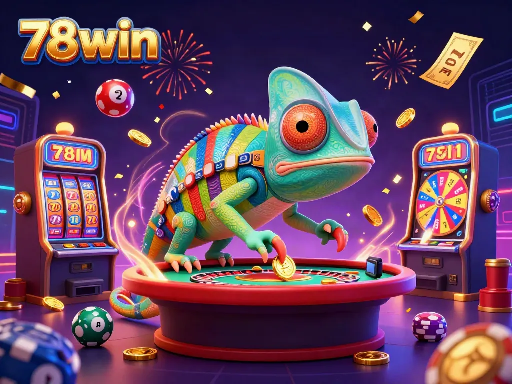 Experience the excitement of 78win casino with dynamic gaming elements and a colorful chameleon owner.