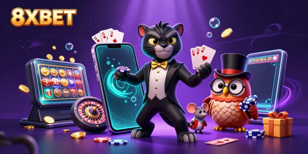 Engage in thrilling gameplay at 8XBET with a stylish black panther dealer, as vibrant game elements surround the scene.