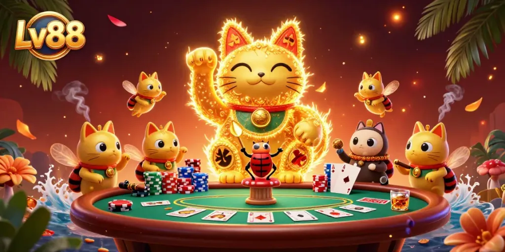 Engage with Lv88's casino magic as a lucky cat and fireflies create winning vibes.