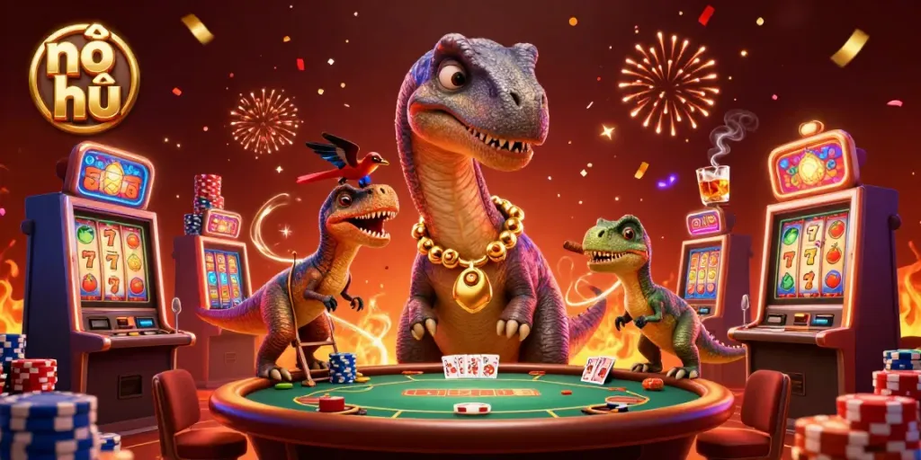 Experience excitement and wins with nổ hũ in a vibrant casino scene filled with slot machines and colorful chips.