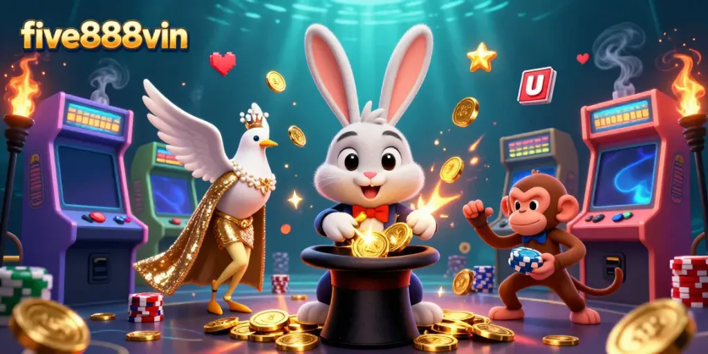 Experience thrilling wins at five888vin with a captivating illustration of a magician rabbit, dove, and monkey surrounded by coins and games.