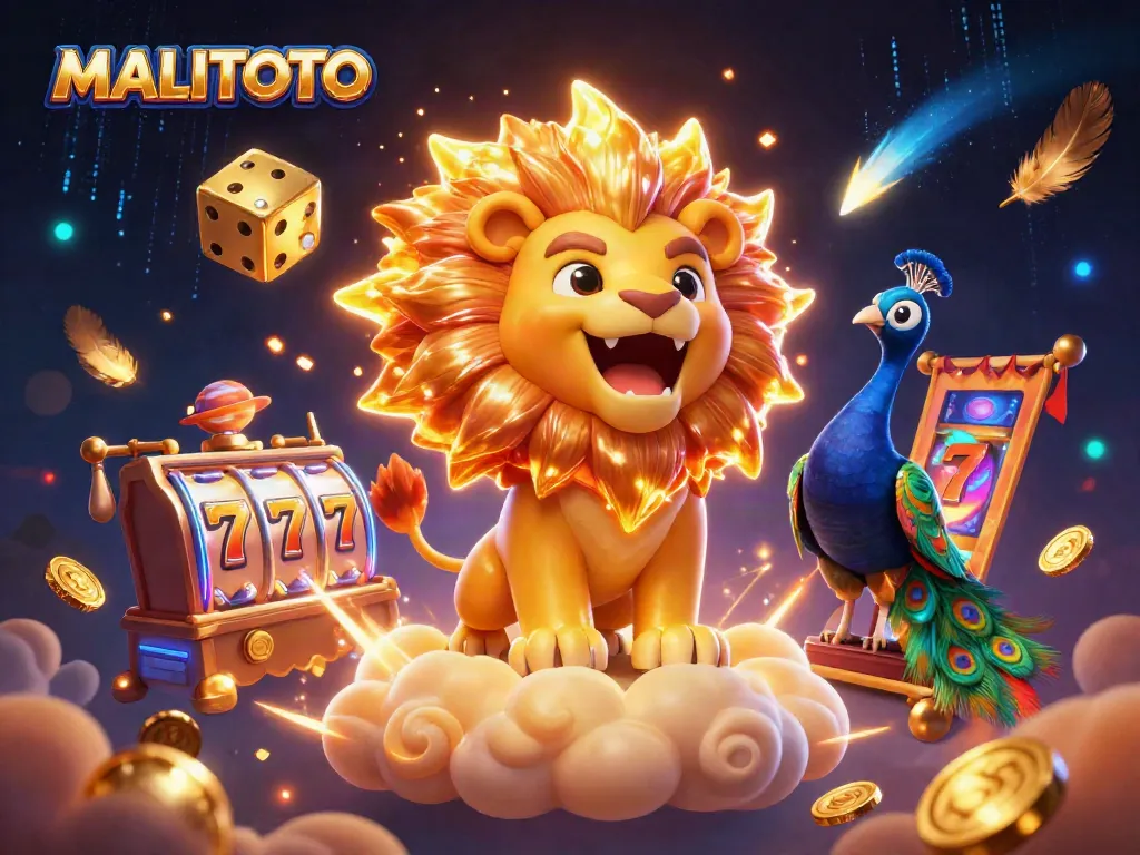 MALITOTO slots scene featuring a roaring lion, golden dice, and vibrant game elements in action.