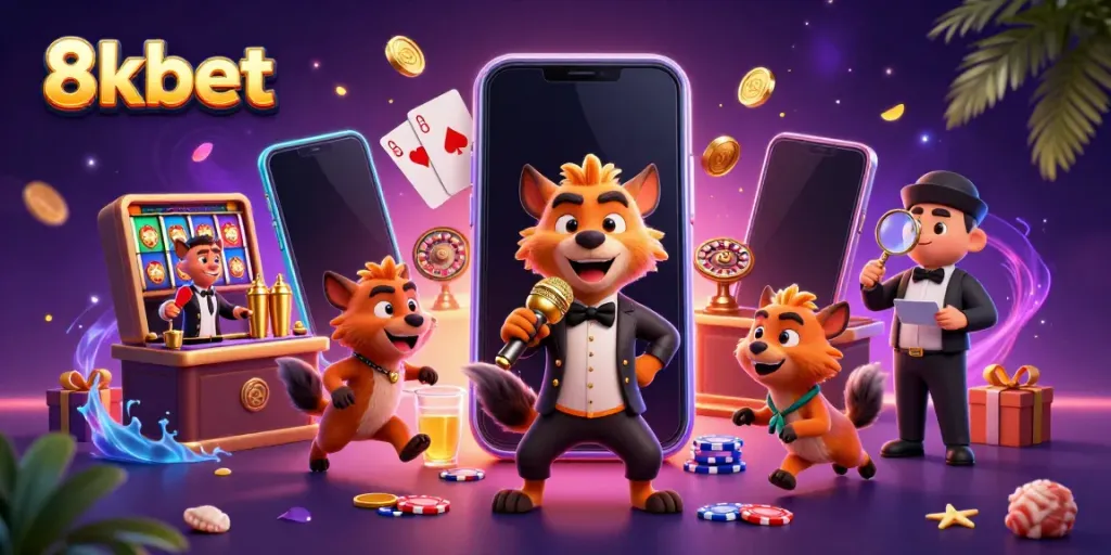 Experience the fun at 8kbet casino with animated hyenas in a vibrant comedy club setting.