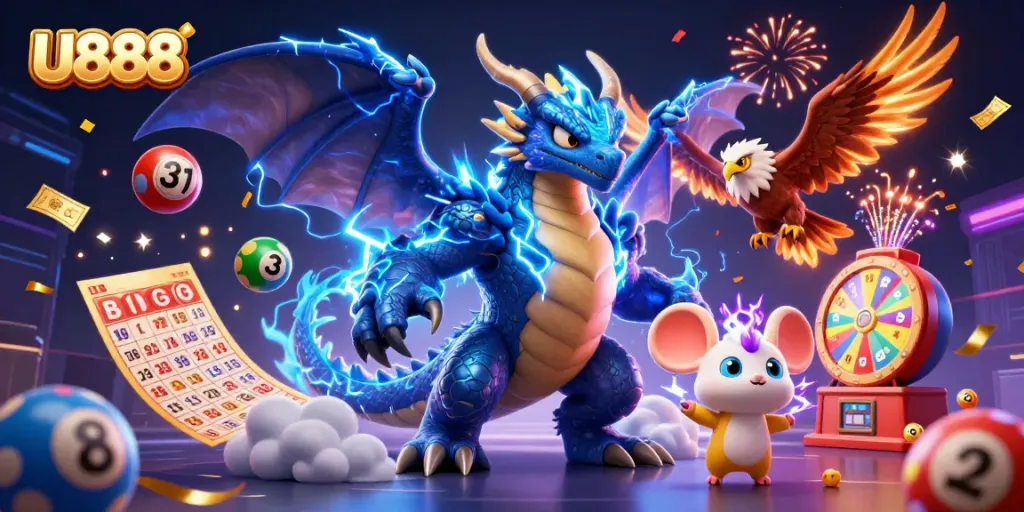 Experience thrilling U888 gaming with dynamic characters and vibrant lottery elements.