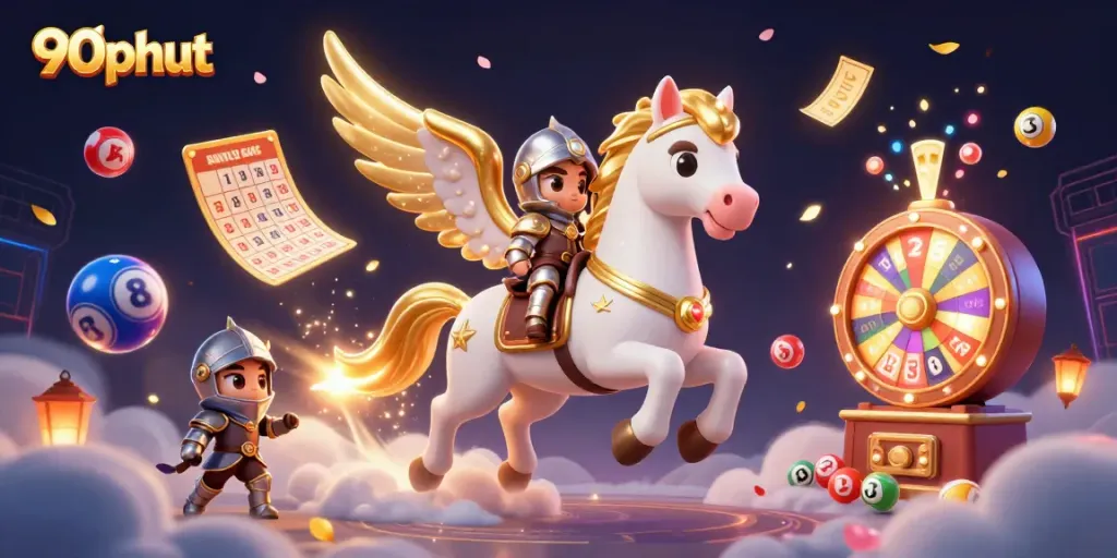 Win big with 90phut lottery dynamics featuring animated celestial characters and vibrant gambling elements.
