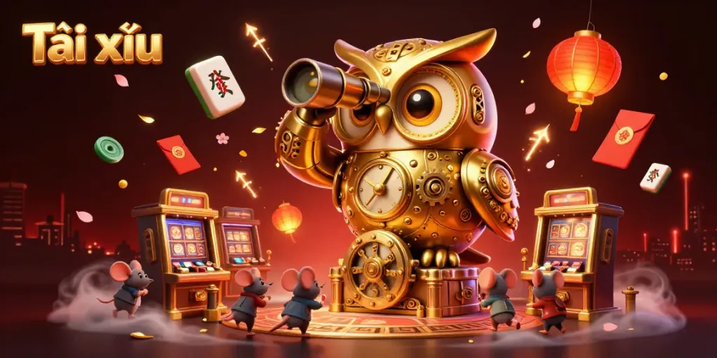Tài xỉu online with a clockwork owl above lively casino scenes and dynamic Chinese elements throughout.