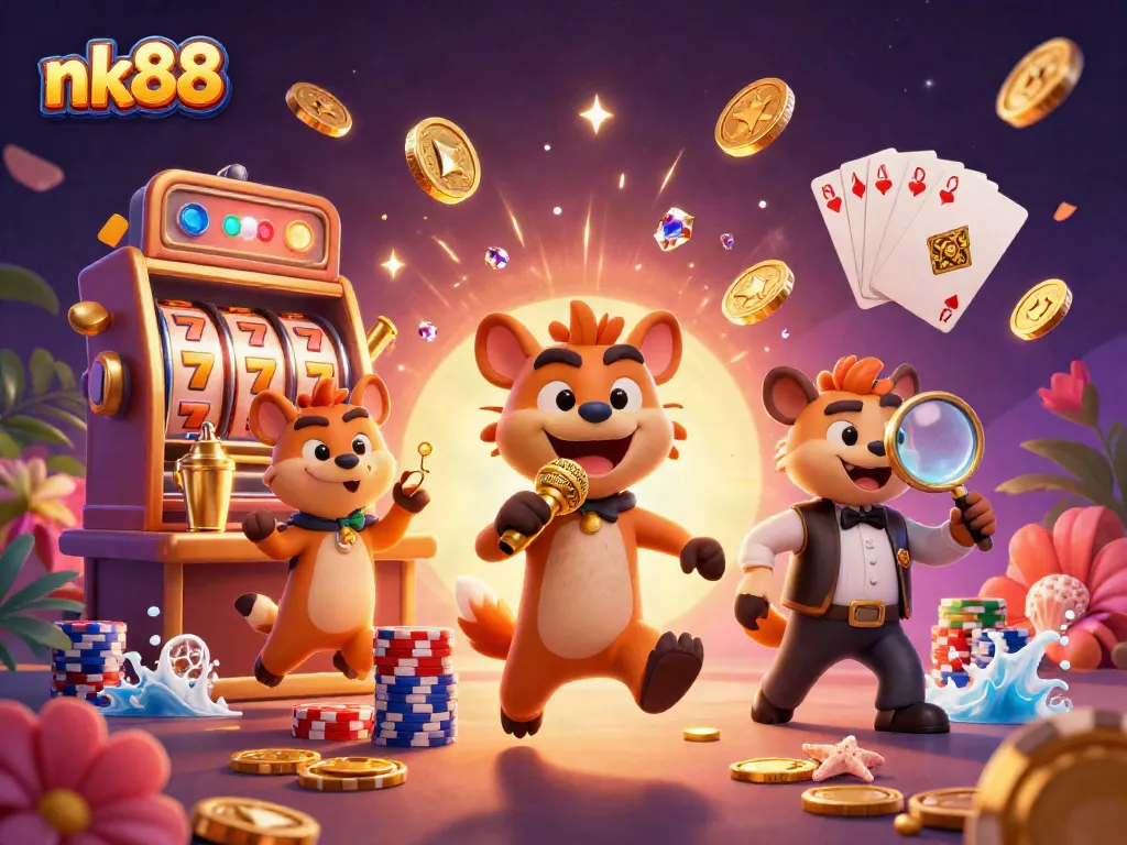 Experience exciting casino action with nk88 in this vibrant 3D cartoon scene featuring hyenas.