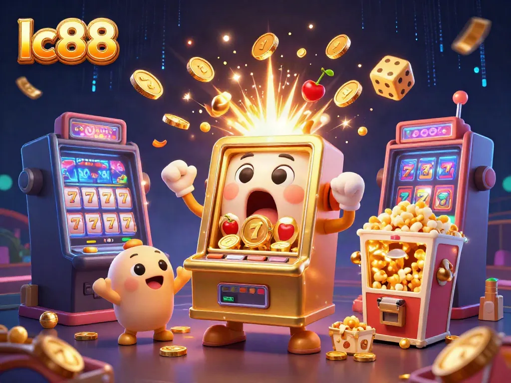 Experience the excitement of lc88 as a golden slot machine hits a jackpot, showering coins and celebration.