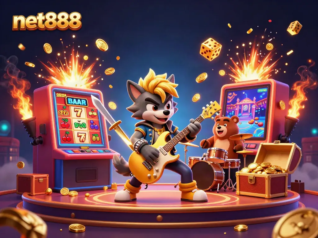 Experience excitement with net888 in a vibrant 3D illustration featuring a wolf playing guitar and casino symbols.
