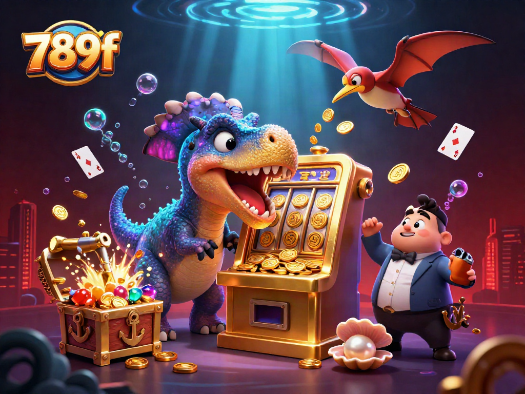Engage with the 789f jackpot as a pachycephalosaurus plays a slot machine, coins flying everywhere.