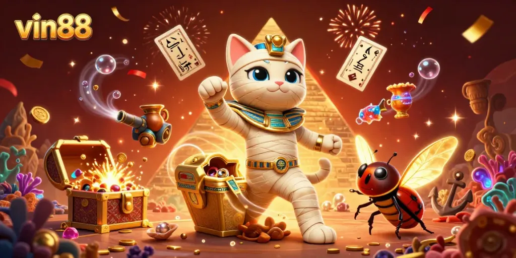 vin88 casino illustration featuring a mummy cat, treasure, and vibrant game elements for online gamblers.