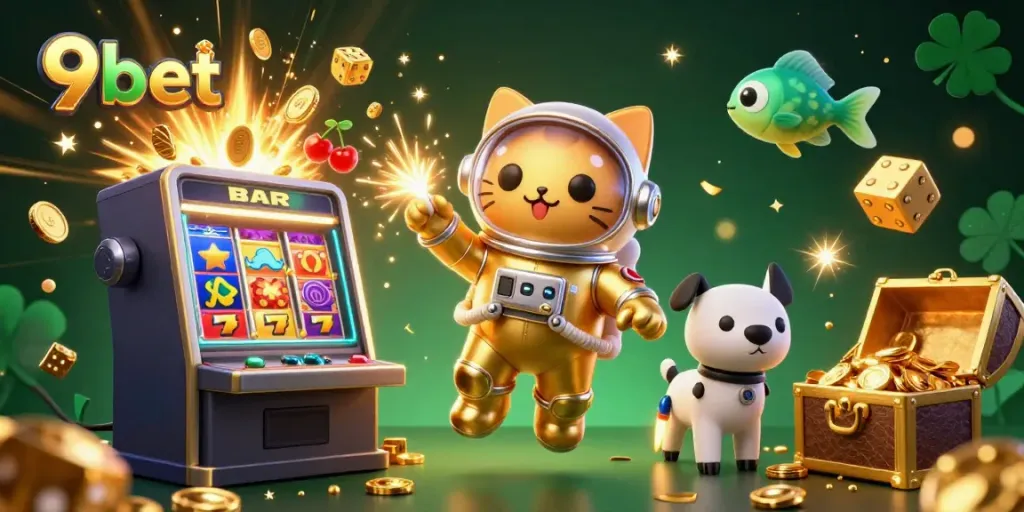 Experience exciting gaming with 9bet's vibrant jackpot illustration and dynamic casino elements.