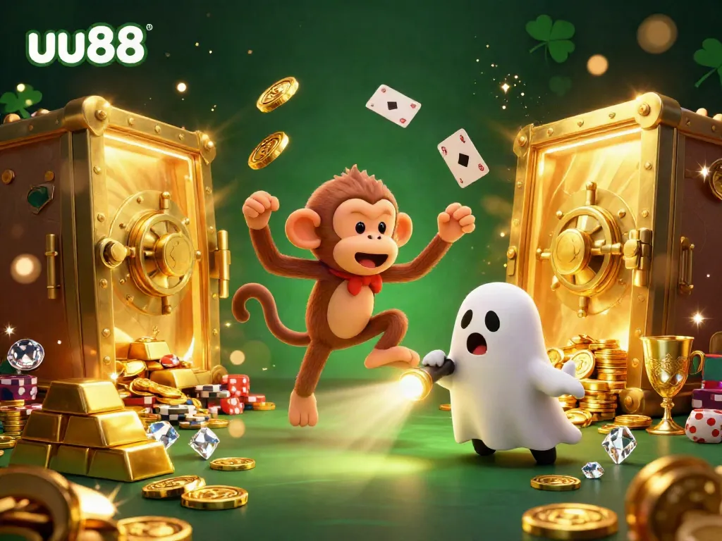 Engaging illustration of uu88’s playful poltergeist monkey juggling casino treasures in a vibrant casino scene.