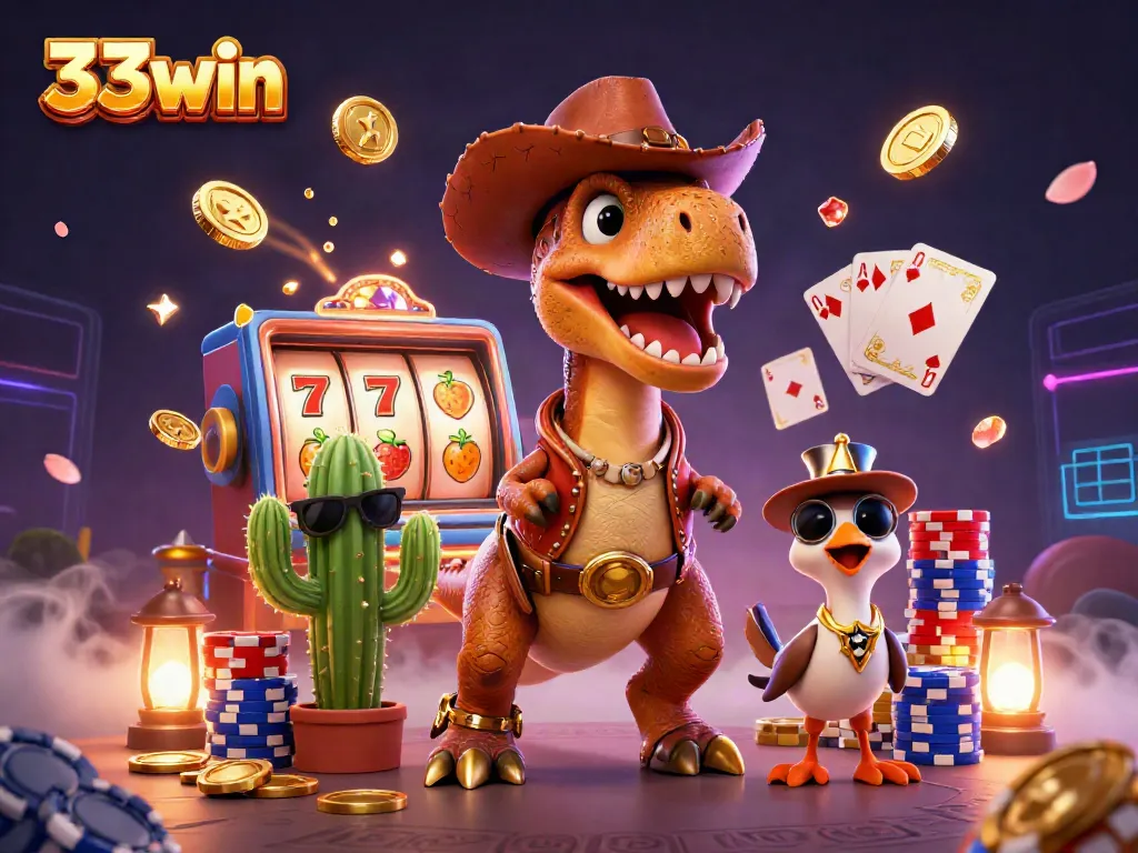 Experience the thrill of 33win slots with a lively T-Rex, cactus sidekick, and roadrunner in a vibrant casino scene.